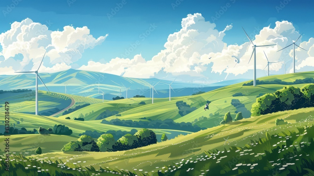 Fototapeta premium A scenic landscape featuring wind turbines on rolling hills, harnessing renewable energy from the power of the wind.