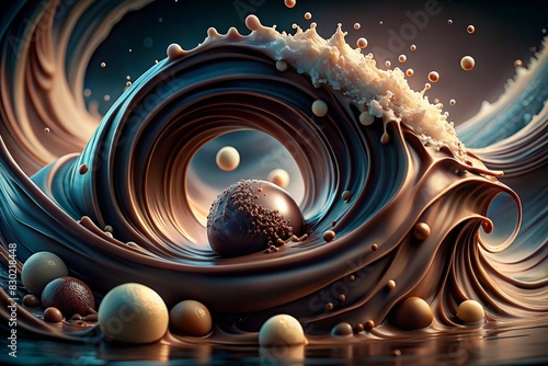 Macro image of dark brown chocolate ice cream and chocolate candy texture with swirls and waves of cream and hot pouring chocolate. Advertising. close-up
