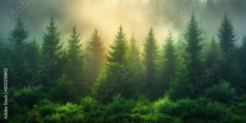 Sunlight filters through a dense forest of evergreen trees, serene and lush atmosphere. importance of forests, reforestation, afforestation, nature, and environmental conservation.