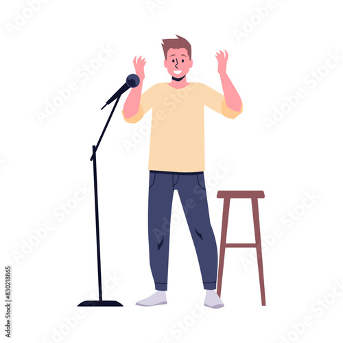 Comedian with microphone perform stand-up comedy show, flat vector comic artist man tell jokes fun stories, live speaker