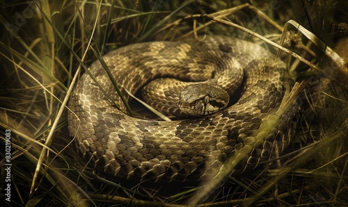 Snake coiled in grass