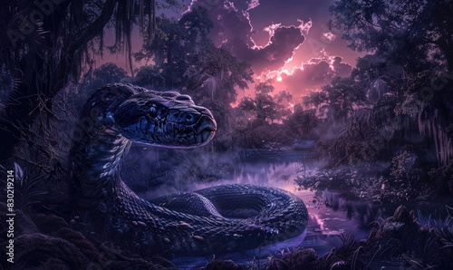 Snake guarding river, violet night lighting, fantasy background with giant snake photo
