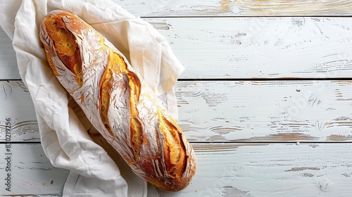 A crispy Italian baguette on a white wooden background.


 photo
