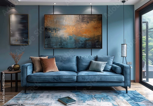 A blue couch with pillows and a large painting on the wall above it.