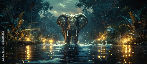 An elephant walking through water, surrounded by trees and lights in the background. The scene is depicted in a painting-like style, with a dark atmosphere and a sense of mystery.