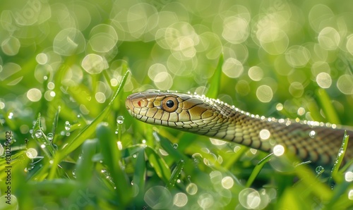 Snake in sunlit grass closeup view