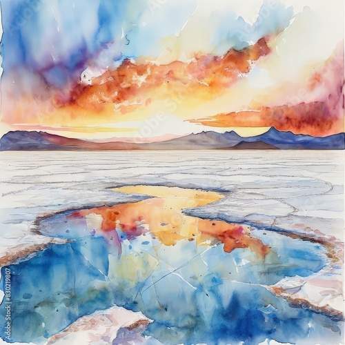watercolor paintingi bolivia expansive saltflats depicted in finesse rugg, generative ai  photo