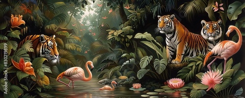 A painting of a tiger and pink flamingos in a forest setting with water and plants. The tiger is standing on a rock and appears to be looking at the flamingos.