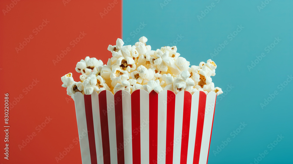 Cardboard packaging with red and white stripes filled with popcorn on a red and blue background divided in half. Copy space
