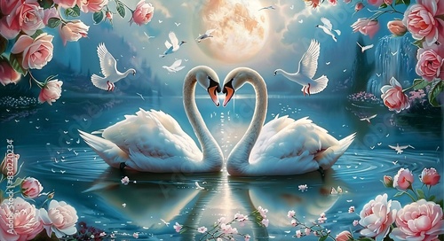 Fototapeta Naklejka Na Ścianę i Meble -  A painting of two swans with hearts in their necks, surrounded by other swans and flowers.