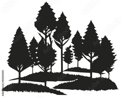 Tranquil forest silhouette landscape with black and white tree shapes in a natural outdoor scene. Creating a peaceful and serene woodland backdrop