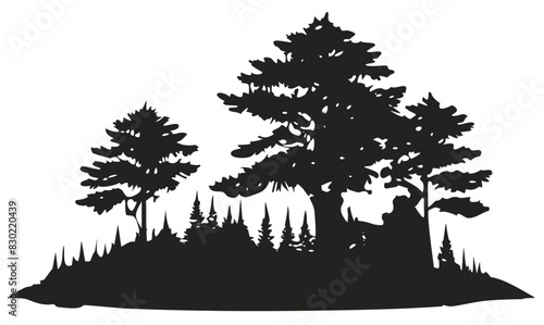 Mysterious and tranquil forest landscape with enigmatic black and white silhouette of trees, creating a peaceful and serene natural scene