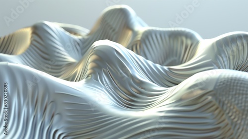 Abstract background of plastic waves in some places with a stretchy texture in white and gray colors. Rhythmic waves.