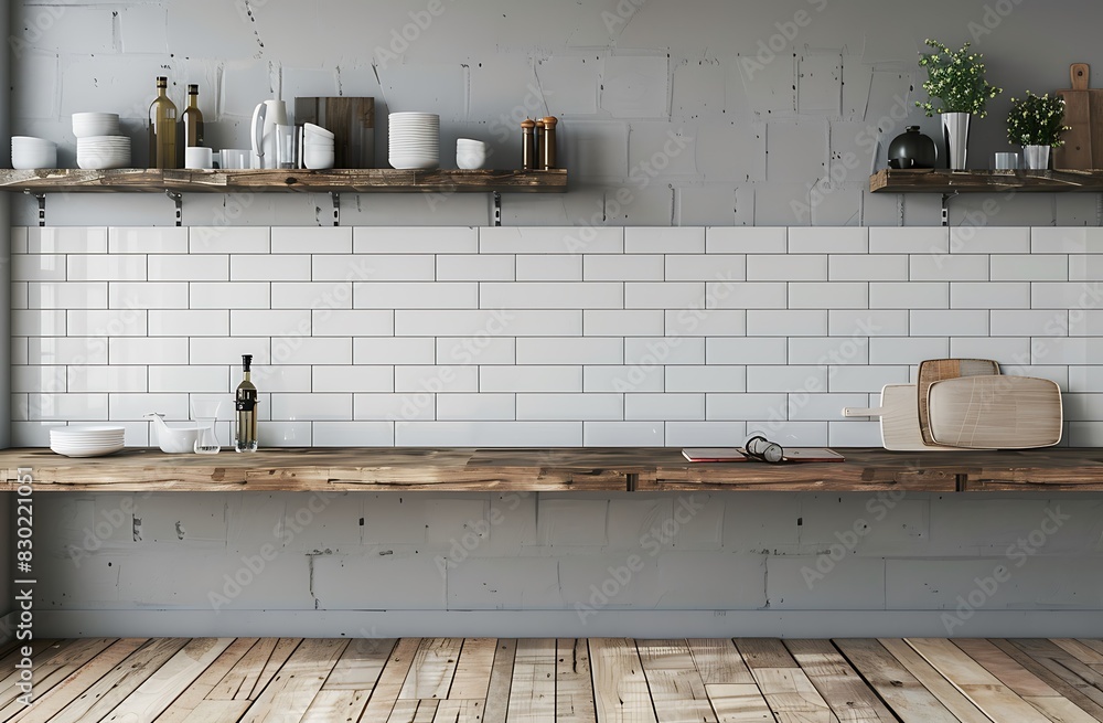 Modern kitchen interior with gray walls and wooden floor, white tiles on the wall, Modern kitchen interior with gray walls and wooden floor, white tiles on the wall,