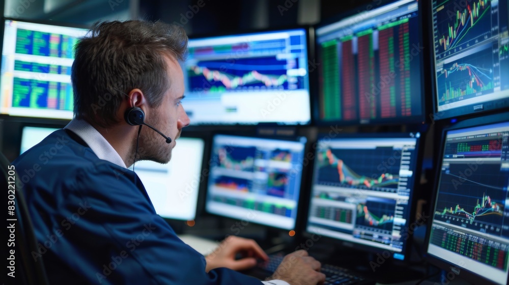 A stock market trader monitoring live graphs and charts on multiple computer screens, reacting to market trends in real-time. A stock market trader monitoring live graphs and charts on multiple computer screens, reacting to market trends in real-time.