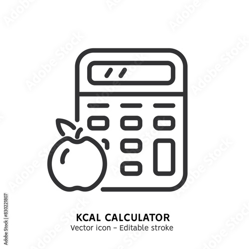 Line icon of calories count, diet app for nutrition and dieting, weight loss calculator. Flat outline icon of using diet app for meal plan. Vector illustration