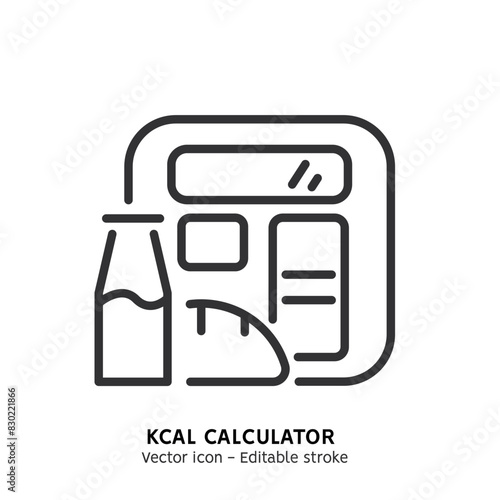 Line icon of calories count, diet app for nutrition and dieting, weight loss calculator. Flat outline icon of using diet app for meal plan. Vector illustration