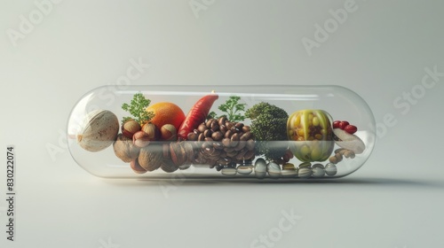 A capsule filled with fruits, vegetables, nuts, and beans as a natural medicine.