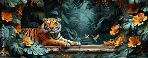 A tiger sitting on a log in a jungle with a butterfly flying by.