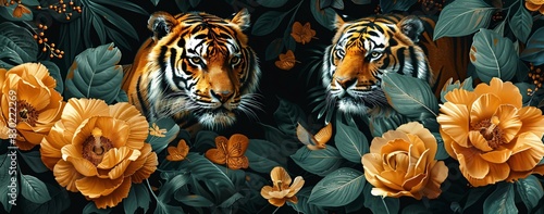 Two tigers are sitting in a jungle  surrounded by flowers. They are looking at the camera with a serious expression on their faces.