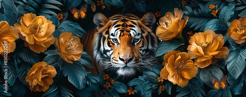 A tiger is seen in a forest with leaves and flowers in the background. The tiger is staring directly into the camera.