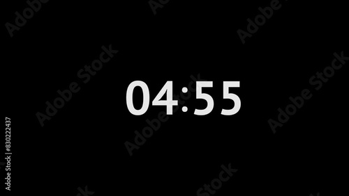timer, count down, 5 min digital clock count down on black background 