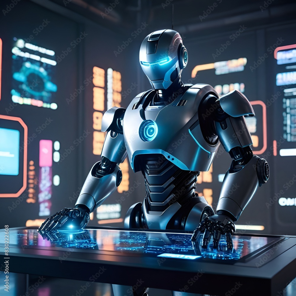 A white and blue cyborg in a futuristic world is focused on its work. A white and blue cyborg in a futuristic world is focused on its work.
