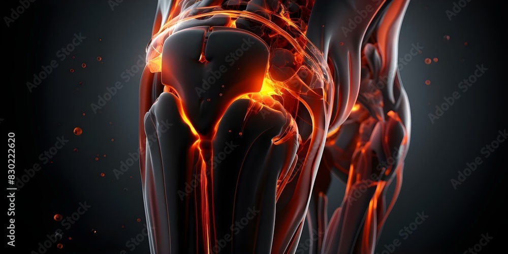 Visual representation of inflammation in a human knee joint. Concept Medical illustration, Inflammatory response, Joint pain, Knee anatomy, Health education