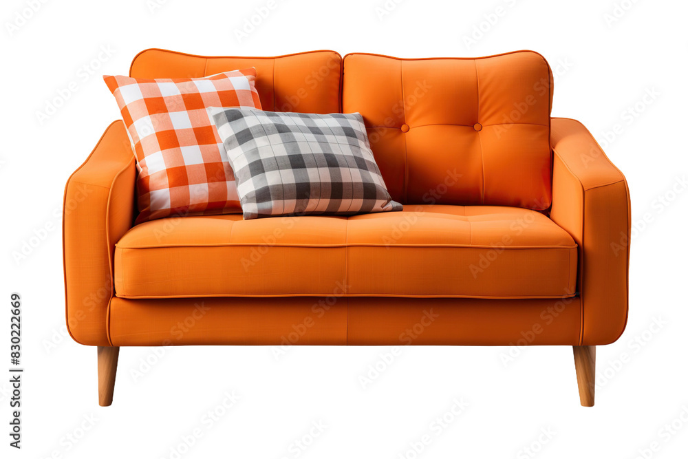 Fototapeta premium Orange modern sofa with pillows, isolated on a white or transparent background.