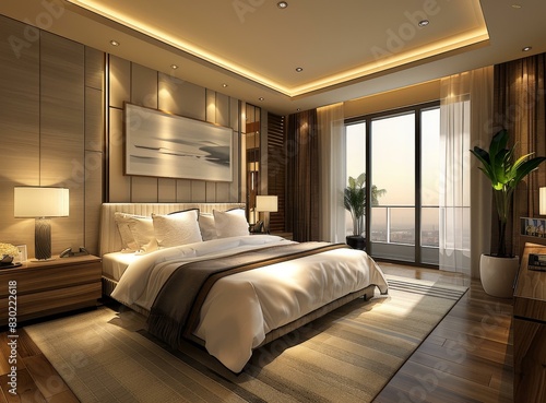 Sleek & Modern Master Bedroom with Serene Balcony and Striking Skyline Views © duyina1990