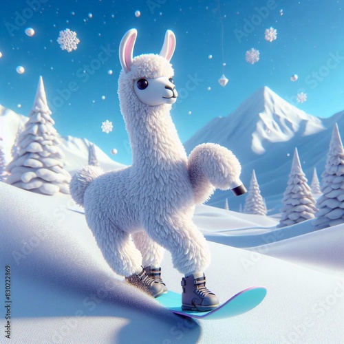 Lama auf einem Snowboard