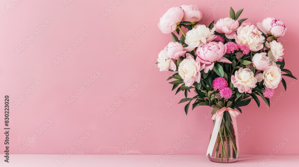 A pink background features a vase filled with pink and white flowers, with a pink wall in the distance The vase, white in color, holds an arrangement of these same pink and white A pink background features a vase filled with pink and white flowers, with a pink wall in the distance The vase, white in color, holds an arrangement of these same pink and white