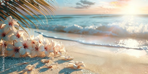 Delicate white flowers on a sandy beach with ocean waves and sunset