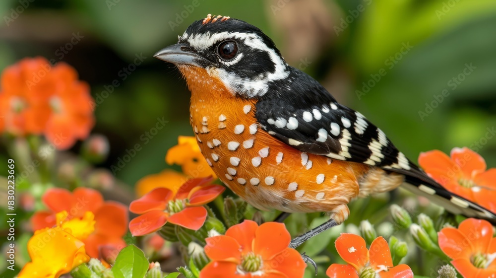 A tight shot of a small bird perched on a plant Ornate orange and white flowers occupy the foreground, while a hazy backdrop of green leaves and red blooms surround A tight shot of a small bird perched on a plant Ornate orange and white flowers occupy the foreground, while a hazy backdrop of green leaves and red blooms surround
