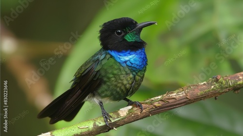  A tight shot of a bird perched on a branch against a softly blurred background A green leaf comes into focus in the foreground, while the background remains subtly out of focus