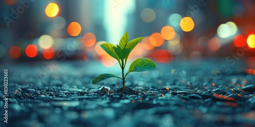 Small green plant sprouting through asphalt with blurry urban lights in the background photo