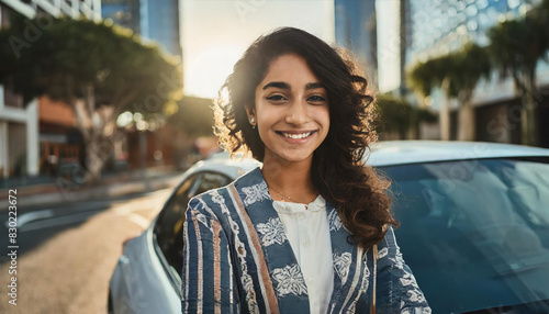  A happy young female standing beside new car, expressing pride and satisfaction in her achievement of obtaining a driver license and new car  photo