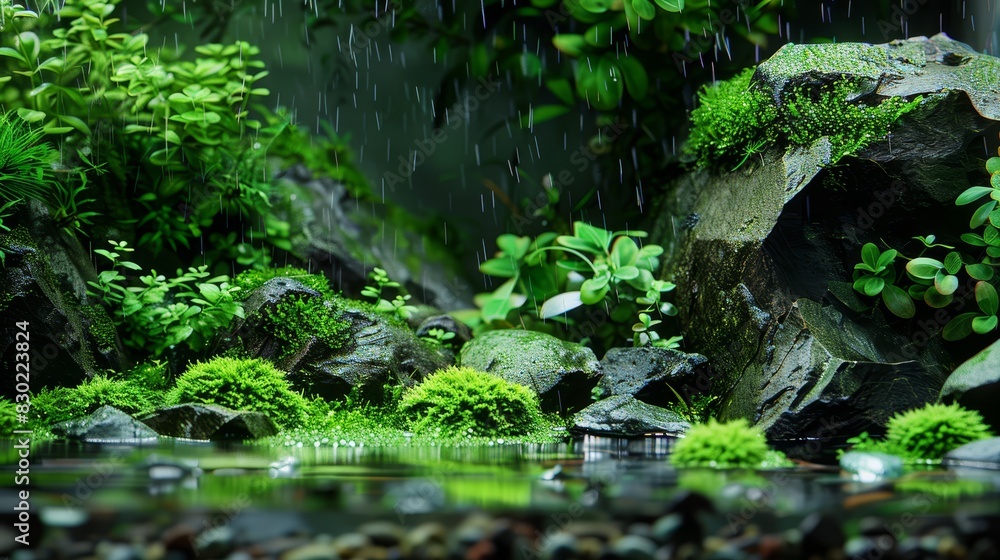 rocks and submerged plants; rain cascades, touching greenery below, at water's edge rocks and submerged plants; rain cascades, touching greenery below, at water's edge