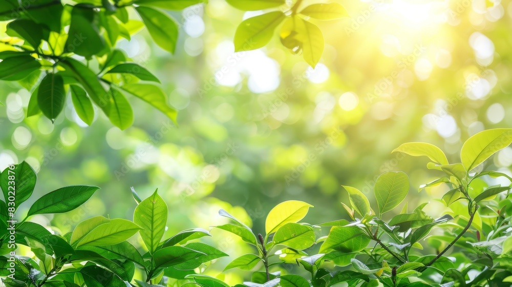 The sun shines through the green tree leaves in the background, yet the leaves in the foreground are blurred The sun shines through the green tree leaves in the background, yet the leaves in the foreground are blurred