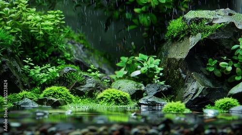 rocks and submerged plants; rain cascades, touching greenery below, at water's edge