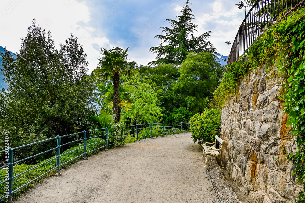 Fototapeta premium Meran, Tappeinerweg, Panoramaweg, Spazierweg, Aussicht, Parkbank, Altstadt, Vinschgau, Etschtal, Etsch, Südtirol, Frühling, Sommer, Italien