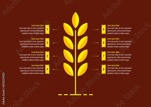 eight steps spike, wheat infographic template. Infographic template for business, industry, education, technology, science. Infographic template for annual report, book, magazine
