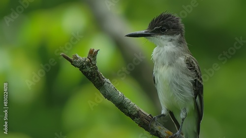  A bird sits on a clear tree branch, contrasting the background of indistinct leaves and overlapping branches with another small bird perched