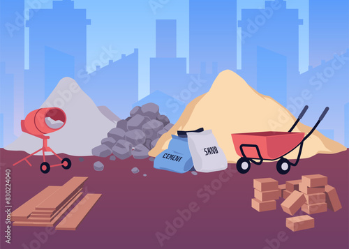 Construction and building material on cityscape vector flat illustration, cement sand heap, concrete mixer, bricks pile