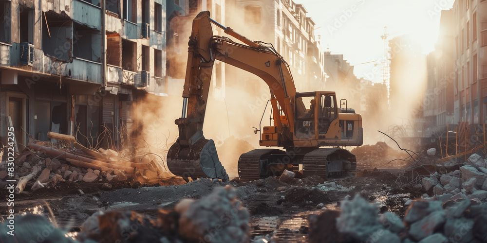 At the demolition site, among the rubble and dust, an excavator is working, symbolizing a new stage in the development of urban space. At the demolition site, among the rubble and dust, an excavator is working, symbolizing a new stage in the development of urban space.