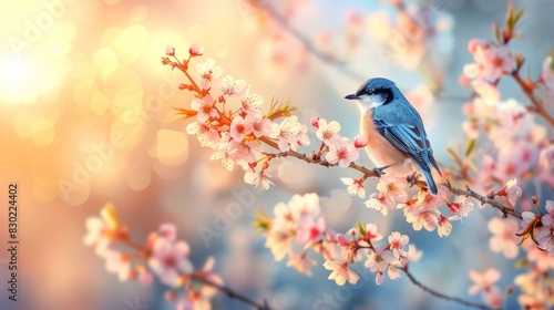  A blue bird perches on a branch of a blooming tree, surrounded by pink flowers in the foreground Behind, a blue sky is dotted with white and pink flowers