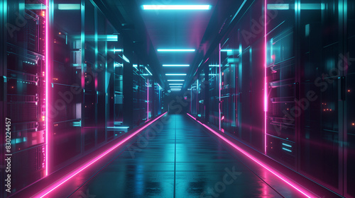 At the heart of the modern building is the server room of the future, where rows of servers twinkle with lights. These tall, shiny structures are like the bustling arteries of the digital world.