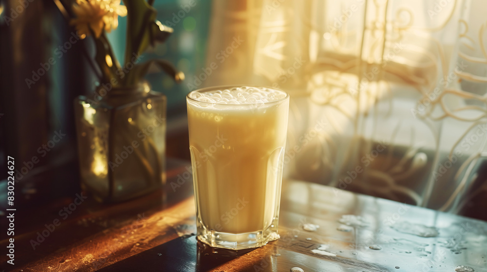 A glass glass with fresh milk with bubbles standing on an old polished wooden table with drops of water with the bright rising sun shining through the window. Copy space A glass glass with fresh milk with bubbles standing on an old polished wooden table with drops of water with the bright rising sun shining through the window. Copy space