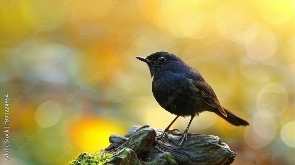 Obraz premium A small black bird atop driftwood against a blurred backdrop of autumn leaves Sunlight bokeh illuminates tree branches behind