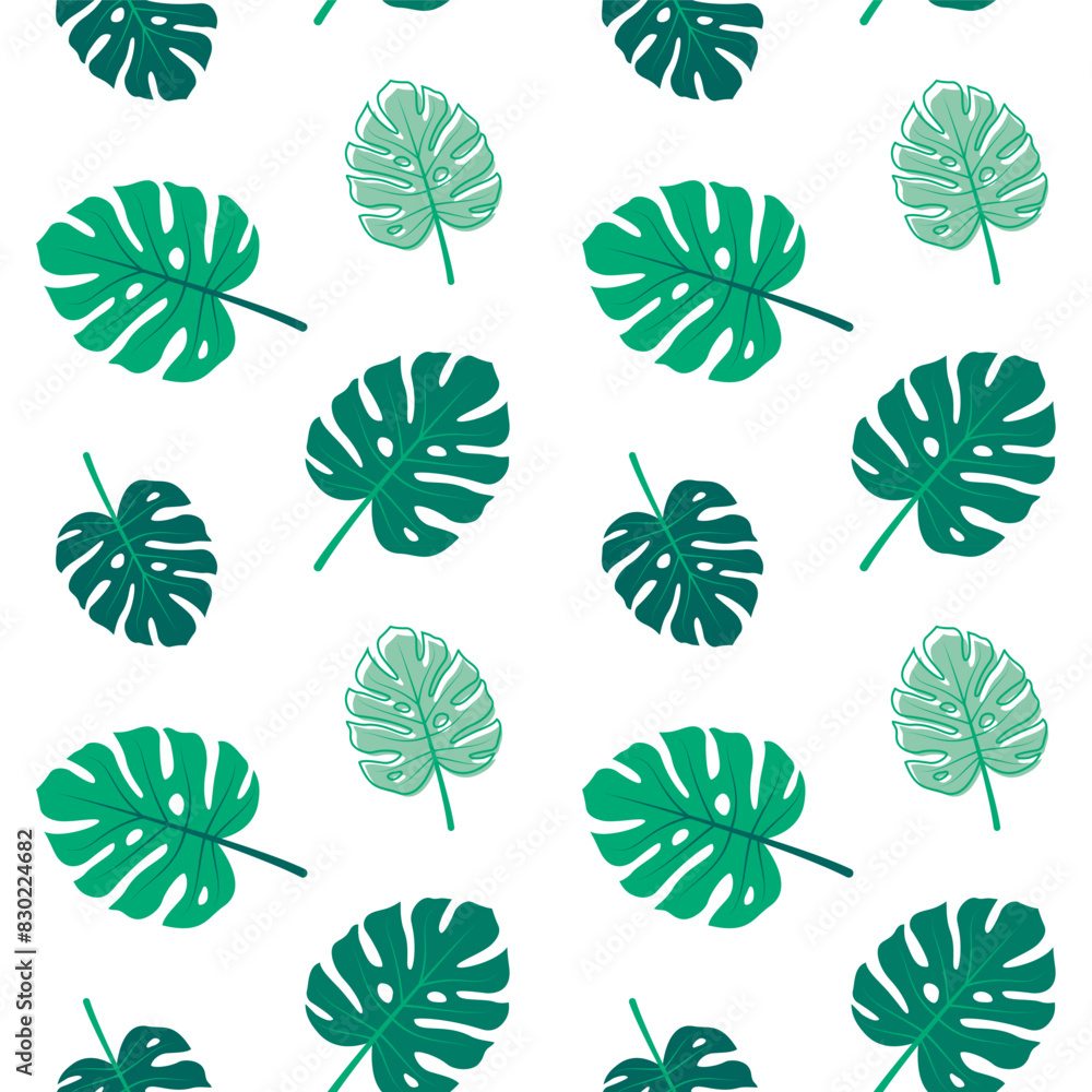 Fototapeta premium Seamless pattern of monstera leaf. Green tropical leaves isolated on white background in flat style. Foliage texture for wrapping paper, print, fabric, web, wallpaper., Vector illustration